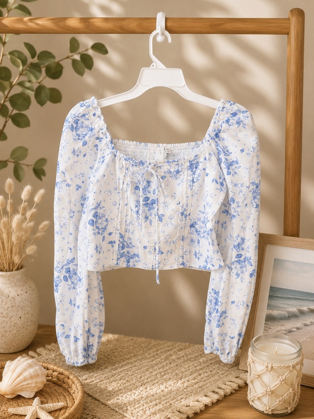 Joie Linen Blend Blue Floral Puff Sleeve Corset Crop Top Medium